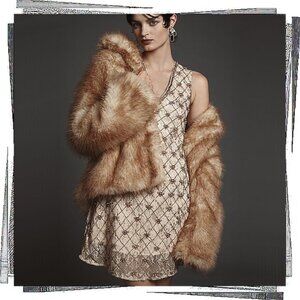 NWOT Retro 20s Golden Crystal Embellished Sleeveless V-Neck Mini Shift Dress (S)